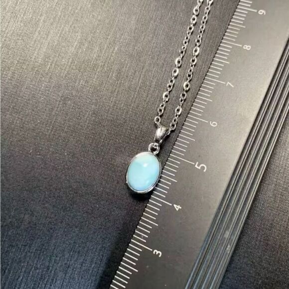 Simple Oval Larimar Pendant Sterling Silver Necklace New - Picture 2 of 9